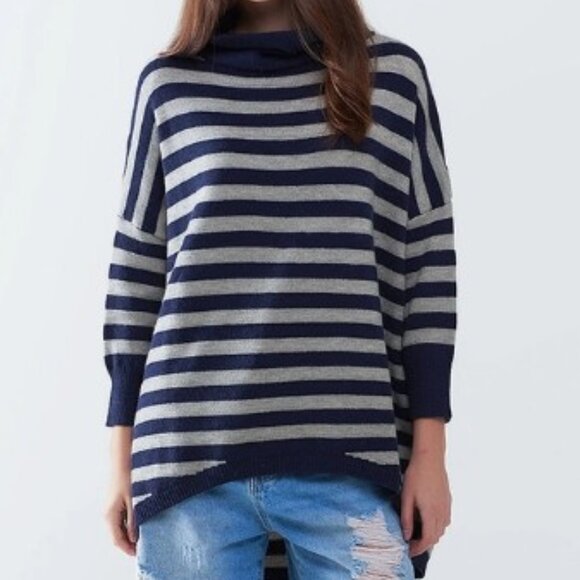 High Neck Oversized Sweater with Bat Wings and Stripes - Picture 2 of 4